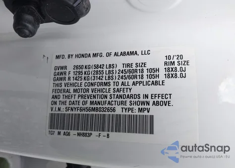 2021 Honda Pilot Awd Ex-L z USA, uszkodzony, nr VIN 5FNYF6H56MB032656